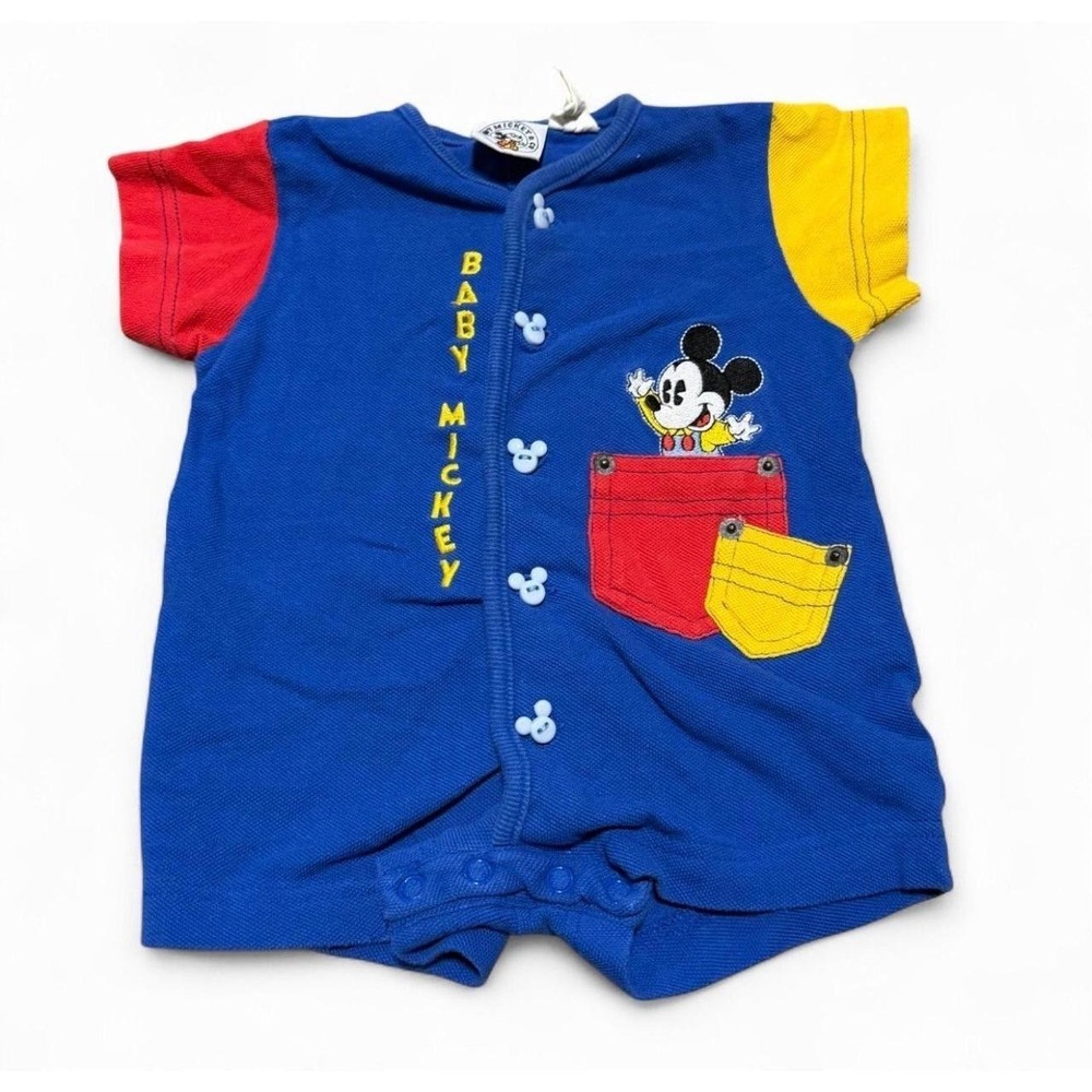 Vintage Disney Baby Mickey Mouse Romper 6M Color Block Snap Front Short Sleeve